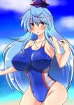  blue_hair blush breasts competition_swimsuit hat huge_breasts kamishirasawa_keine long_hair one-piece_swimsuit red_eyes rindou_(p41neko) solo sweatdrop swimsuit touhou whistle 