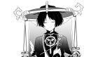  1boy arm_at_side blunt_ends choppy_bangs closed_eyes closed_mouth eyeliner facing_viewer genshin_impact greyscale hand_on_own_chest hand_up hat highres japanese_clothes jewelry jingasa juban kimono kusa_013yyds layered_sleeves makeup male_focus mandarin_collar mitsudomoe_(shape) monochrome neck_ring open_clothes open_kimono portrait rope scaramouche_(genshin_impact) scaramouche_(harbinger)_(genshin_impact) shimenawa short_sleeves single_sode solo straight-on tomoe_(symbol) veil white_background wolf_cut 