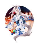 1girl absurdres ahoge animal_ears blue_eyes blush candy_apple commentary ear_ornament food grey_hair grey_tail hair_between_eyes hair_ornament hairband highres holding holding_candy_apple holding_food horse_ears horse_girl horse_tail japanese_clothes kimono long_hair long_sleeves multicolored_hair obi oguri_cap_(umamusume) ponytail sash solo summer_festival tail umamusume water_yoyo white_kimono yukata yuu46464949 