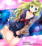  bad_id bad_pixiv_id bare_legs barefoot blue_eyes blush breasts cardigan cleavage copyright_name eyebrows_visible_through_hair green_hair jenny_dolittle large_breasts long_hair looking_at_viewer miniskirt_pirates mutou_mato neckerchief school_uniform serafuku skirt skirt_tug smile solo space squatting 