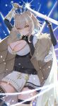  1girl absurdres animal_ears black_gloves blue_hair breasts brown_hair cape cleavage colored_inner_hair fingerless_gloves fur-trimmed_cape fur_trim gauntlets gloves hazumi_aileen highres indie_virtual_youtuber knight large_breasts lion_ears lion_girl lion_tail looking_at_viewer multicolored_hair satoti_chang short_hair single_gauntlet single_thighhigh skirt solo tail thigh_strap thighhighs thighs virtual_youtuber white_skirt yellow_eyes 