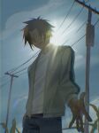  1boy absurdres black_hair blue_pants chinese_commentary cloud commentary_request corn_field crescent_print false_memory he_mingshuo highres jacket male_focus no_eyes open_clothes open_hand open_jacket pants power_lines print_jacket reaching reaching_towards_viewer shirt sky sleeves_rolled_up spiked_hair sunlight sword_print tuo utility_pole white_shirt wing_print 