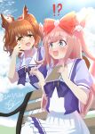  !? 2girls absurdres agnes_digital_(umamusume) animal_ears aston_machan_(umamusume) blue_eyes blue_sky blush bow bowtie breasts brown_hair cloud commentary_request green_eyes hair_bow highres holding holding_notebook holding_pen horse_ears horse_girl horse_tail large_breasts long_hair mashiroken07 multiple_girls notebook on_bench one_side_up open_mouth outdoors pen pink_hair pleated_skirt puffy_short_sleeves puffy_sleeves purple_bow purple_bowtie purple_shirt red_scrunchie sailor_collar sailor_shirt school_uniform scrunchie shirt short_sleeves sitting skirt sky smile tail tracen_school_uniform umamusume white_sailor_collar white_skirt 