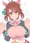  1girl 1other animal_ears blush breasts brown_hair brown_tail closed_mouth commentary_request dantsu_flame_(center_spotlight)_(umamusume) dantsu_flame_(umamusume) ear_covers hair_between_eyes highres holding_hands horse_ears horse_girl horse_tail large_breasts long_sleeves looking_at_viewer medium_hair multicolored_hair navel okomesuihanki pink_shirt pov pov_hands shirt shrug_(clothing) simple_background speech_bubble stomach streaked_hair tail tied_shirt translation_request trembling umamusume upper_body white_background white_streaks 