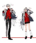  1boy 1girl 9e_j32 absurdres alternate_costume bag bag_charm belt black_belt black_pants black_shoes black_skirt blazer chain character_and_genderswap charm_(object) commentary creature dual_persona fingernails full_body genderswap genderswap_(mtf) grey_hair grey_jacket hebel_ishida highres holding holding_phone jacket kenzoku_(kuzuha) kuzuha_(nijisanji) long_hair long_sleeves looking_at_viewer loose_socks miniskirt mole mole_under_eye nijisanji open_clothes open_jacket open_mouth pants phone pleated_skirt pointy_ears red_eyes red_shirt sanya_(nijisanji) school_bag school_uniform sharp_fingernails shirt shoes short_hair simple_background skirt socks virtual_youtuber white_background white_socks 