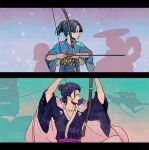  1boy 3boys absurdres age_progression arrow_(projectile) black_hair boat bow_(weapon) chinese_commentary commentary_request highres holding holding_bow_(weapon) holding_weapon izou_(one_piece) japanese_clothes kani_cherrypie kikunojo_(one_piece) kimono kouzuki_oden letterboxed male_focus multiple_boys obi one_piece ponytail profile red_lips sash sidelocks snow watercraft weapon wide_sleeves 