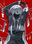  1girl arm_behind_head arms_up black_jacket black_necktie black_skin blazer bound breasts colored_eyelashes colored_skin commentary dress_shirt green_eyes grey_hair highres jacket kuroyurihime_(munji412) large_breasts long_hair long_sleeves munji412 necktie no_mouth no_nose one-eyed original red_background rope shimenawa shirt simple_background solo upper_body very_long_hair white_eyelashes white_shirt 