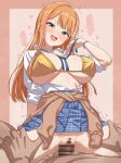  1boy 1girl absurdres bikini blue_skirt blush border breasts brown_cardigan cardigan cardigan_around_waist censored clothes_around_waist commentary_request cowgirl_position gakuen_idolmaster girl_on_top gold_bikini green_eyes hatsuboshi_gakuen_school_uniform heart heart_necklace hetero highres idolmaster jewelry large_breasts long_hair looking_at_viewer milliani mole mole_under_eye mosaic_censoring necklace open_mouth orange_border orange_hair penis pink_background pussy school_uniform sex shirt shiun_sumika skirt speech_bubble straddling sweat swimsuit teeth translation_request upper_teeth_only vaginal white_shirt 
