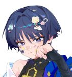  1boy armor armpit_crease bird_sticker black_bodysuit black_bridal_gauntlets black_hair blue_cape blunt_ends bodysuit bridal_gauntlets cape cat_face_sticker clenched_hand closed_mouth commentary_request covered_collarbone eyelashes eyeliner fingernails flower_sticker genshin_impact hair_intakes hand_up heart heart_sticker japanese_armor kote kurokote looking_at_viewer makeup male_focus mandarin_collar portrait rainbow_sticker red_eyeliner scaramouche_(cat)_(genshin_impact) scaramouche_(genshin_impact) simple_background single_bare_shoulder single_off_shoulder solo split_mouth sticker sweatdrop tsurime uuuulianglijing wanderer_(genshin_impact) white_background white_sleeves wispy_bangs wolf_cut 