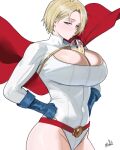  1girl blonde_hair blue_gloves breasts bubble_tea bubble_tea_challenge cape cleavage cleavage_cutout clothing_cutout commentary_request dc_comics drinking drinking_straw gloves grey_eyes hands_on_own_hips highres large_breasts leotard looking_at_viewer mugi_(mugit49) power_girl red_cape short_hair signature simple_background solo superhero_costume white_background white_leotard 