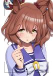  1girl animal_ears aston_machan_(umamusume) blush bow bowtie breasts brown_hair commentary_request crown finger_heart green_eyes hair_between_eyes hair_ornament highres horse_ears horse_girl large_breasts long_sleeves looking_at_viewer mini_crown one_side_up open_mouth purple_sailor_collar purple_shirt red_scrunchie sailor_collar sailor_shirt school_uniform scrunchie shirt solo sweatdrop tilted_headwear tracen_school_uniform umamusume upper_body viewfinder white_bow white_bowtie yamano_boriko 