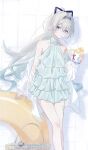  1girl animal_ears arm_at_side bare_legs bare_shoulders basket blue_eyes cat_ears collarbone commentary dress facing_viewer fake_animal_ears firefly_(honkai:_star_rail) gradient_eyes gradient_hair green_dress green_hair green_nails grey_hair hair_between_eyes highres holding_shaved_ice honkai:_star_rail honkai_(series) jacket jacket_partially_removed long_hair looking_at_viewer multicolored_eyes multicolored_hair pink_eyes plaid_headband pool_float q_qtq see-through_clothes see-through_jacket simple_background solo twitter_username utensil_in_mouth wicker_basket yellow_eyes 
