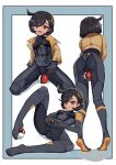  1girl :d ass black_bodysuit black_hair blush bodysuit breasts brown_jacket cameltoe commentary covered_navel emma_(pokemon) female_masturbation full_body gloves hair_ornament highres holding holding_poke_ball jacket long_sleeves masturbation multiple_views ninjinbosu no_shoes open_clothes open_jacket open_mouth petite poke_ball poke_ball_(basic) pokemon pokemon_legends:_z-a purple_eyes ring_hair_ornament short_hair short_sleeves simple_background skin_tight small_breasts smile spread_legs spread_pussy spread_pussy_under_clothes spreading_own_pussy teeth tiptoes 