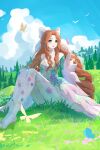  1girl absurdres animal ankle_ribbon bare_shoulders belt blue_sky bow braid breasts brown_hair bug butterfly cat chinese_commentary cloak clothed_animal cloud commentary_request dangle_earrings day detached_sleeves dot_nose dress drill_hair ear_covers earrings eyelashes field fishnet_pantyhose fishnets florabound_promise_(infinity_nikki) floral_print flower flower_earrings forest from_behind full_body gold_choker gown green_dress green_eyes green_pupils green_sleeves hair_bow half_up_half_down_braid halter_dress halterneck happy high_heels highres hill hood hood_up hooded_cloak infinity_nikki jewelry jiumo_(pixiv_32921912) knees_up large_bow leg_ribbon light_blush long_dress long_hair long_sidelocks long_sleeves medium_breasts momo_(nikki) nature nikki_(series) on_ground open_mouth outdoors pantyhose parted_bangs pendant_choker pink_butterfly pink_shoes pink_sleeves print_pantyhose print_sleeves ribbon shadow shoes sidelocks sitting sky smile solo_focus standing two-tone_sleeves very_long_hair white_belt white_bow white_cat white_flower white_pantyhose white_ribbon wide_sleeves yellow_butterfly yellow_cloak 