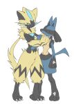  2others blue_eyes claws furry half-closed_eyes highres lucario multiple_others pokemon pokemon_(creature) pokemon_focus simple_background spikes standing tillubreakin yellow_fur zeraora 