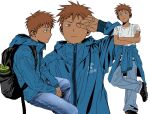  1boy backpack bag blue_jacket brown_eyes brown_hair closed_mouth clothes_around_waist crossed_arms gyoi_0_0 hood hooded_jacket jacket jacket_around_waist long_sleeves male_focus multiple_views original pants shirt shoes short_hair short_sleeves sitting standing standing_on_one_leg white_background white_shirt 