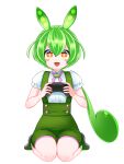  1girl :d absurdres blush_stickers bright_pupils controller double-parted_bangs edomura_niniko full_body game_controller green_hair green_shoes green_shorts hair_between_eyes highres holding holding_controller holding_game_controller long_hair looking_at_viewer low_ponytail neck_ribbon official_art open_mouth orange_eyes pink_ribbon playing_games playing_video_games ponytail ribbon shirt shoes short_sleeves shorts simple_background sitting smile solo suspenders transparent_background voicevox white_pupils white_shirt zundamon 