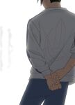  1boy back black_hair blue_pants blurry blurry_background chinese_commentary commentary_request crescent_print false_memory from_above he_mingshuo head_out_of_frame highres jacket male_focus pants print_jacket pulling_own_clothes qingmushuihuotu scar scar_on_arm simple_background spiked_hair sword_print white_background white_jacket wing_print 