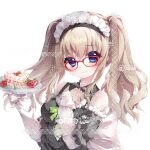  1girl 9-nine- bare_shoulders blue_eyes blush bow breasts cake cherry chinese_commentary closed_mouth commentary_request commission detached_collar dress food frilled_sleeves frills fruit glasses green_bow hands_up highres holding holding_plate kujou_miyako layered_sleeves long_hair long_sleeves looking_at_viewer maid maid_headdress medium_breasts nine_ball_maid_uniform off-shoulder_dress off_shoulder plate red-framed_eyewear sayaaatat short_over_long_sleeves short_sleeves sidelocks simple_background smile solo strawberry strawberry_shortcake twintails upper_body variant_set white_background 