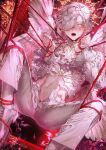  1boy abs angel angel_wings ascot bdsm bishounen blurry bokeh bondage bound bound_ankles bound_feet bound_legs bound_wrists collared_shirt colored_eyelashes criss-crossed_composition cropped_shirt cross cross_brooch cuso4_suiwabutu depth_of_field ear_chain earrings falling_feathers fangs feathered_wings feathers foot_out_of_frame foreshortening frilled_shirt frilled_shirt_collar frilled_sleeves frills gabriel_(what_in_hell_is_bad) glint glowing glowing_eyes glowing_halo gold_earrings gold_trim hair_over_one_eye halo highres indoors jewelry latin_cross legs_bound_apart linked_piercing long_sleeves m_legs male_focus midriff navel one_eye_closed open_fly open_mouth open_pants pale_skin pants piercing puffy_long_sleeves puffy_sleeves red_rope restrained rope rope_around_neck saliva shibari shirt shoes short_hair slit_pupils socks solo spread_legs sweat tears toned toned_male unzipped what_in_hell_is_bad white_ascot white_eyes white_feathers white_hair white_pants white_shoes white_socks white_wings wings zipper 