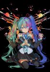  1girl absurdres aqua_eyes aqua_hair aqua_nails bare_shoulders black_background black_boots black_skirt black_sleeves blue_eyes blue_hair blue_necktie blush_stickers boots bright_pupils chimera_(vocaloid) closed_mouth commentary extra_arms grabbing_own_hair hair_ornament hands_on_own_shoulders hatsune_miku hatsune_miku_(vocaloid4) headset heterochromia highres holding_own_hair interlocked_fingers long_hair looking_at_viewer mismatched_pupils multicolored_hair necktie number_tattoo own_hands_clasped own_hands_together prsk2339 shirt shoulder_tattoo single_blush_sticker sitting skirt sleeveless sleeveless_shirt smile solo splatter_background split-color_hair tattoo thigh_boots twintails very_long_hair vocaloid wariza white_pupils white_shirt 