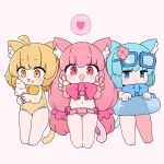  3girls :< :d animal_ears ao_(sound_voltex) bemani blonde_hair blue_eyes blue_hair bow bowtie cat_ears cat_tail double_v eyewear_on_head full_body highres hina_(sound_voltex) holding holding_ice_cream_cone ice_cream_cone innertube kiosk_(artist) momo_(sound_voltex) multiple_girls navel pink_eyes pink_hair smile sound_voltex swim_ring swimsuit tail v yellow_eyes 