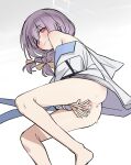  1girl absurdres anus atsuko_(blue_archive) blue_archive blush bow braid closed_mouth hair_bow halo highres jaaku_(ra_9rara) jacket long_hair low_twin_braids lying on_side purple_hair pussy red_eyes smile solo spread_pussy spreading_own_pussy twin_braids uncensored white_background white_jacket 