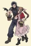  1boy 1girl aerith_gainsborough aqua_eyes arm_belt armor baggy_pants basket belt black_boots black_gloves blue_pants blue_shirt boots bracelet braid braided_ponytail brown_belt brown_hair choker closed_eyes closed_mouth commentary cropped_jacket cross_scar dress final_fantasy final_fantasy_vii final_fantasy_vii_remake floral_background flower flower_choker gloves hair_ribbon hair_slicked_back hetero highres holding holding_basket holding_hands huosheanng jacket jewelry lily_(flower) long_dress long_hair looking_at_another medium_hair multiple_bracelets open_mouth pants parted_bangs pauldrons pink_dress pink_ribbon pointing red_jacket ribbed_shirt ribbon scar scar_on_cheek scar_on_face shirt shoulder_armor sidelocks single_braid smile suspenders untranslatable_commentary walking yellow_background yellow_flower zack_fair 