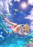  1girl absurdres adjusting_goggles animal_ears bangboo_(zenless_zone_zero) blonde_hair blue_eyes blue_one-piece_swimsuit blue_shoes blue_sky breasts closed_mouth cloud commentary_request crossed_legs goggles goggles_on_head hair_over_one_eye high_heel_sandals high_heels high_ponytail highres horse_ears horse_girl horse_tail innertube large_breasts long_hair momoken2004_(inb6k7) official_alternate_costume on_innertube one-piece_swimsuit outdoors ponytail sandals sharkboo_(zenless_zone_zero) shoes sigrid_de_l'azur sigrid_de_l'azur_(majestic_wavechaser) sky sun swim_goggles swim_ring swimsuit tail toes two-tone_one-piece_swimsuit water white_one-piece_swimsuit zenless_zone_zero 