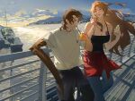  1boy 1girl ^_^ arthropod_boy arthropod_limbs belt bird black_pants black_tank_top blue_pants boat breast_tattoo breasts brown_hair casual cleavage closed_eyes clothes_around_waist contemporary cup dock drink eating food glasses gregor_(project_moon) hand_on_railing highres holding holding_cup ice_cream jacket jacket_around_waist jewelry large_breasts limbus_company long_hair low_ponytail luan_(luans51129268) medium_hair necklace ocean outdoors pants photo_background ponytail project_moon railing rodion_(project_moon) sailboat seagull ship shirt short_sleeves sky smile spaghetti_strap spoon sundae tank_top tattoo very_long_hair watercraft white_shirt 