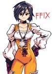  1girl batchgooya black_choker black_eyes black_hair bodysuit breasts choker closed_mouth commentary_request copyright_name cowboy_shot crystal facing_viewer final_fantasy final_fantasy_ix garnet_til_alexandros_xvii gloves hair_between_eyes hand_on_own_hip highres jewelry light_smile long_sleeves looking_at_viewer medium_breasts official_alternate_hairstyle orange_bodysuit pendant puffy_long_sleeves puffy_sleeves red_gloves shirt short_hair solo thigh_strap white_background white_shirt 