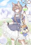  1girl animal_ears apron arknights aroma_(arknights) aroma_(picnic_times)_(arknights) bag black_hairband blue_apron blue_bow blue_eyes blue_hair blush bow bracelet breasts brown_hair bubble commentary_request dated dress flask flower hair_bow hair_flower hair_ornament hairband highres holding holding_staff hosakana infection_monitor_(arknights) jewelry large_breasts medium_hair mountain multicolored_hair official_alternate_costume outdoors shoulder_bag smile solo staff streaked_hair tail white_dress wolf_ears wolf_girl wolf_tail 