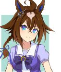  animal_ears blue_eyes blush bow bowtie braid breasts brown_hair closed_mouth commentary epiphaneia_(umamusume) fukai_asase hair_between_eyes hair_tuft highres horse_ears horse_girl long_hair medium_breasts multicolored_hair puffy_short_sleeves puffy_sleeves purple_bow purple_bowtie purple_shirt sailor_collar sailor_shirt school_uniform shirt short_sleeves smile streaked_hair tracen_school_uniform umamusume upper_body white_sailor_collar 