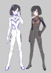 2girls absurdres araya_(project_moon) black_hair blue_streaks chinese_commentary commentary_request enioreh hair_ornament hairclip highres limbus_company mecha_pilot_suit mother_and_child mother_and_daughter multicolored_hair multiple_girls neon_genesis_evangelion parent_and_child plugsuit_(evangelion) project_moon ryoshu_(project_moon) short_hair standing streaked_hair 