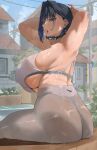  1girl absurdres alternate_breast_size_(larger) archinoer armpits arms_behind_head arms_up ass barbell_piercing black_choker black_hair black_panties blue_eyes blue_hair breasts choker clothes_writing colored_inner_hair commentary day ear_piercing earrings english_commentary fanged_bangs hair_flaps hair_intakes high-waist_pants highres hololive hololive_english huge_breasts industrial_piercing jewelry multicolored_hair open_mouth ouro_kronii outdoors panties panties_visible_through_clothes pants piercing short_hair sideboob sitting solo sports_bra sweat thong thong_panties underwear very_sweaty virtual_youtuber white_pants white_sports_bra yoga_pants 