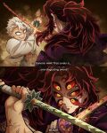  2boys abs arghqueso closed_mouth colored_sclera commentary demon_boy demon_slayer_uniform english_commentary english_text extra_eyes highres holding holding_sword holding_weapon japanese_clothes kimetsu_no_yaiba kimono kokushibou long_hair male_focus multiple_boys muscular muscular_male open_mouth purple_kimono red_hair red_sclera scar scar_on_arm scar_on_face shinazugawa_sanemi short_hair sword weapon white_hair yellow_eyes 