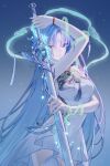  1girl absurdres blue_eyes blue_hair breasts closed_mouth commentary_request covered_navel dress earrings fiery_horns forehead_tattoo hair_intakes highres holding holding_sword holding_weapon horns jewelry kinali_0828 large_breasts long_hair outdoors qingxiao_(wuthering_waves) sky smile solo star_(sky) starry_sky sword tacet_mark_(wuthering_waves) tattoo thighhighs thighs weapon white_dress white_thighhighs wuthering_waves 
