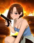  1girl artist_name bare_shoulders black_skirt blue_eyes blue_tube_top breasts brown_hair cleavage clothes_around_waist commentary english_commentary fire gun handgun highres holding holding_gun holding_weapon jill_valentine kumaartsu looking_at_viewer miniskirt parted_lips resident_evil resident_evil_3:_nemesis skirt smile solo strapless sweater sweater_around_waist tube_top watermark weapon 
