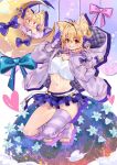  1girl animal_ear_fluff animal_ears antenna_hair arcueid_brunestud belt blonde_hair blue_bow blue_flower blue_moon blue_skirt blush bow breasts cat_ears cat_girl cleavage commentary crescent crescent_hair_ornament crop_top fate/grand_order fate_(series) field fingerless_gloves floating floating_clothes floating_hair flower flower_field full_body gloves gold_trim grin hair_between_eyes hair_bow hair_ornament hairclip hands_on_headphones headphones headset hood hoodie kandatu leg_lift leg_warmers looking_at_viewer midair miniskirt moon navel no_shoes open_clothes open_hoodie phantas-moon phantas-moon_(second_ascension) plaid_clothes plaid_skirt purple_gloves purple_hoodie purple_leg_warmers purple_thighhighs red_eyes shirt sidelocks simple_background single_hair_intake skirt smile solo striped_clothes striped_gloves striped_thighhighs thighhighs thighs toes white_belt white_shirt 