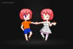  1boy 1girl :d ^_^ animated animated_gif artist_name bare_arms bare_shoulders black_background black_shoes blue_shorts bouncing_breasts breasts closed_eyes cup dancing degrees_of_lewdity double-parted_bangs dress facing_back full_body hair_ornament hairclip hand_in_pocket hand_up happy heart heart_print holding holding_cup holding_hands index_finger_raised jitome kneehighs leg_up liramayro looking_at_another low_neckline lowres medium_breasts official_style one_eye_closed orange_shirt outstretched_arm panties pantyshot parallel_hairclips pixel_art player_character_(degrees_of_lewdity) player_character_(female)_(degrees_of_lewdity) player_character_(male)_(degrees_of_lewdity) purple_eyes red_hair shirt shoes short_hair shorts simple_background smile smirk socks strapless strapless_dress swaying_hip teacup underwear upskirt v-shaped_eyebrows white_dress white_panties white_socks 