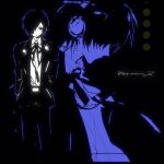  1boy chinese_commentary closed_mouth collared_shirt commentary_request copyright_name earphones gekkoukan_high_school_uniform hair_over_one_eye hanaseto hands_in_pockets highres jacket limited_palette long_sleeves male_focus mp3_player multiple_views neck_ribbon open_clothes open_jacket pants persona persona_3 ribbon school_uniform shirt yuuki_makoto_(persona_3) 