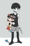  2boys alternate_universe antenna_hair black_eyes black_hair black_shirt black_tank_top black_thighhighs blush bright_pupils brown_shorts closed_mouth collarbone colored_skin commentary_request dual_persona expressionless flag flower flower_wreath grey_shorts head_wreath highres holding holding_flag holding_knife invisible_floor knife looking_at_viewer male_focus multiple_boys omori omori_(omori) parted_lips shirotsume_143 shirt short_hair short_sleeves shorts standing striped_clothes striped_shorts sunny_(omori) t-shirt tank_top thighhighs vertical-striped_clothes vertical-striped_shorts white_pupils white_skin 