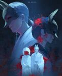  1boy 1girl absurdres black_hair black_sailor_collar black_sclera blood blood_on_face colored_sclera commentary_request earrings flower fox_mask fox_mask_(silent_hill) highres husband_and_husband japanese_clothes jewelry k_megumii kimono long_hair low_ponytail mask multiple_views ponytail red_eyes red_flower robe sailor_collar school_uniform shimizu_hinako short_hair silent_hill_(series) silent_hill_f single_earring spider_lily tassel tassel_earrings twitter_username uchikake white_hair white_hood white_kimono white_robe 