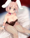  animal_ears bad_id bad_pixiv_id bare_shoulders bow bowtie breasts bunny_girl bunnysuit cleavage detached_collar fishnet_pantyhose fishnets large_breasts melompan original pantyhose pink_hair purple_eyes short_hair sitting solo 