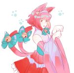  1girl afk_(konnosukeluv) animal_ears bell cat_ears cat_tail fire_emblem fire_emblem_fates fire_emblem_heroes fur-trimmed_thighhighs fur_trim gloves halloween halloween_costume japanese_clothes multiple_tails nekomata official_alternate_costume paw_pose paw_print pink_gloves pink_hair sakura_(fire_emblem) sakura_(gentle_nekomata)_(fire_emblem) sidelocks simple_background solo tail tail_bell tail_ornament thighhighs two_tails white_background 