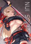  1girl absurdres arm_up belt belt_pouch black_belt black_shirt black_shorts blonde_hair breasts chain character_name clothing_cutout commentary_request cowboy_shot cropped_shirt earrings elbow_gloves fang fingerless_gloves glint gloves grey_background grey_gloves highres hip_vent hiyashi_mikan holding holding_sword holding_weapon jewelry katana large_breasts long_hair looking_at_viewer multiple_belts navel nijisanji nui_sociere nui_sociere_(11th_costume) open_mouth pouch red_belt shirt shorts signature skin_fang slit_pupils solo sword tassel tassel_earrings torn_clothes underboob very_long_hair virtual_youtuber watermark weapon yellow_eyes 