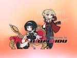  2girls astra_yao astra_yao_(chandelier) black_dress black_hair black_pants black_shoes blonde_hair chest_harness chibi chibi_only commentary_request couch dress elbow_gloves evelyn_chevalier full_body gloves hairband harness headband high-waist_pants highres holding holding_microphone_stand jacket jacket_on_shoulders jewelry long_hair looking_at_viewer microphone_stand multiple_girls necklace necktie official_alternate_costume on_couch pants pearl_necklace shirt shoes single_elbow_glove sitting thigh_beads tight_clothes tight_pants uneven_bangs washan white_hairband white_headband white_shirt yellow_necktie zenless_zone_zero 