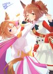  2girls absurdres animal_ears armor aston_machan_(flare)_(umamusume) aston_machan_(umamusume) black_bow black_bowtie black_thighhighs blush bow bowtie breasts brown_hair cape collared_shirt commentary_request crown gold_corset green_eyes grin hair_between_eyes hair_ornament highres holding holding_crown horse_ears horse_girl horse_tail jacket long_sleeves looking_at_viewer mashiroken07 mini_crown multiple_girls one_eye_closed open_mouth orange_hair orange_tail pink_cape pink_crown purple_eyes red_nails red_sash red_scrunchie red_sleeves sash scrunchie shirt short_hair shoulder_armor shoulder_sash skirt smile t.m._opera_o_(o_sole_suo!)_(umamusume) t.m._opera_o_(umamusume) tail teeth thighhighs tilted_headwear two-tone_skirt umamusume white_jacket white_shirt white_skirt 