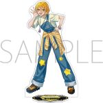  1girl acrylic_stand_(medium) blue_overalls boots clothes_around_waist denim denim_overalls dog_tags don_quixote_(project_moon) full_body hand_up jacket jacket_around_waist limbus_company looking_at_viewer open_mouth overalls project_moon sample_watermark shirt short_sleeves simple_background smile solo traditional_media w watermark white_background white_shirt yellow_boots 