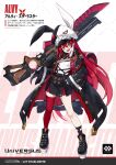  1girl alvy_starluster animal_ears asymmetrical_legwear backpack bag bandaid bayonet black_coat black_hat black_shoes black_skirt breasts character_name clothing_cutout coat commentary_request criss-cross_straps dot_nose english_text eyebrows_hidden_by_hair flat_chest fukai_ryosuke full_body gloves green_eyes gun hand_on_own_hip hat hat_with_ears highres hip_vent holding holding_gun holding_weapon huge_weapon long_hair looking_at_viewer miniskirt open_clothes open_coat open_mouth over_shoulder peaked_cap platform_shoes pointy_ears rabbit_ear_headwear randoseru red_bag red_hair red_thighhighs redrawn rifle science_fiction shirt shoes single_thighhigh skirt smile solo standing strap teeth thighhighs two-tone_hat universus upper_teeth_only weapon weapon_over_shoulder white_gloves white_hat white_shirt 
